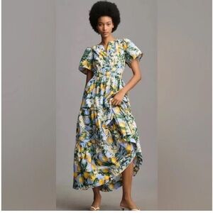 Anthropologie Somerset Tiered Maxi Dress in Iris Blue with Lemons - Size XS